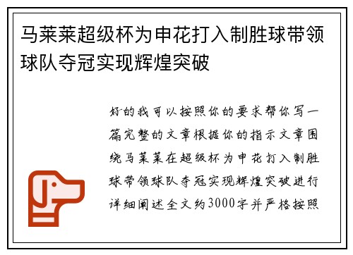 马莱莱超级杯为申花打入制胜球带领球队夺冠实现辉煌突破